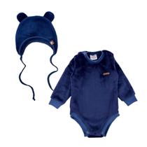 Kit Body + Touca Fleece Peluciado Inverno Bebê Quentinho - Azul 28 - 3 Kit Body + Touca Fleece Peluciado Inverno Bebê Quentinho - Azul 28 - 3