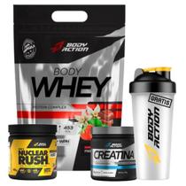 Kit Bodyaction - Body Whey 900g, Creatina 100% 150g, Pré-treino Nuclear Rush 100g e Coqueteleira Grátis
