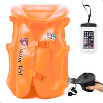 Kit Boia Colete Inflável Infantil + Bombinha Eletrica + Capa à Prova dÁgua para Celular