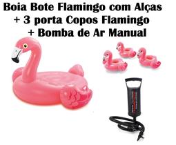 Kit Boia Infanto Juvenil Inflável Flamingo+3 porta copos Flamingo+Bomba de Ar Manual