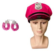 Kit Boina Chapéu Quepe Policial Rosa Pink +Algemas Fantasia