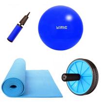 Kit Bola 65 Cm + Bomba + Tapete Colchonete + Roda de Exercicio Liveup Sports