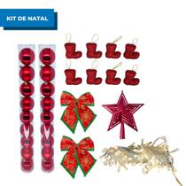 Kit Bola 6cm Tubo 9 peças + Pisca-Pisca 100L + Ponteira + Enfeite Bota e Laço Natalino