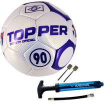 Kit Bola De Futebol Society Topper 90 Oficial Costurada à Mão+Bomba De Ar Kagiva Dupla Ação Cor:Roxo+AzulTamanho:Único