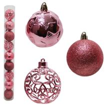 Kit bola de natal rosa 6cm decorada com 9 peças para árvore de natal conjunto bolinhas rose