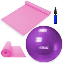 Kit Bola Suica 55 Cm Roxa + Colchonete Rosa em Eva para Yoga e Pilates + Mini Bomba Liveup Sports