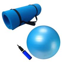 Kit Bola Suica 65cm + Bomba + Colchonete Eva 10mm Pilates Azul Mandiali