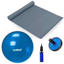 Kit Bola Suica 65cm + Mini Bomba + Colchonete Eva 4mm Cinza + Roda Abdominal para Exercicio Pilates Liveup Sports