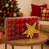 Kit Bolas de Natal Decorativas com 100 Peças Vermelho ou Dourado Acabamento Fosco, Brilhante e Glitter + Ponteira