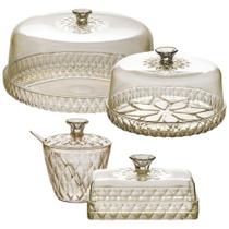 Kit boleira baixa, queijeira, açucareiro e manteigueira de plástico Cristal âmbar Plasutil