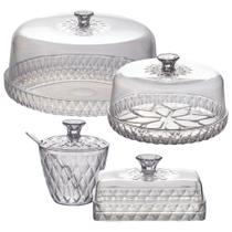 Kit boleira baixa, queijeira, açucareiro e manteigueira de plástico Cristal incolor Plasutil