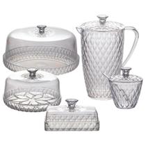 Kit boleira baixa, queijeira, açucareiro, manteigueira e jarra de plástico Cristal incolor Plasutil