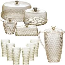 Kit boleira baixa, queijeira, açucareiro, manteigueira, jarra e 6 copos de plástico Cristal âmbar Plasutil