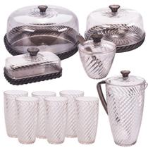 Kit boleira baixa, queijeira, açucareiro, manteigueira, jarra e 6 copos de plástico Cristal Twist preto Plasutil Kit boleira baixa, queijeira, açucareiro, manteigueira, jarra e 6 copos de plástico Cristal Twist preto Plasutil