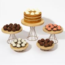 Kit Boleira Bandejas Decoração Festa Expositor Doces 5 Peças Ferro Dourado Madeira Natural Kit Boleira Bandejas Decoração Festa Expositor Doces 5 Peças Ferro Dourado Madeira Natural