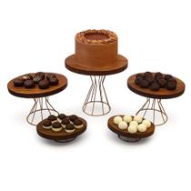 Kit Boleira Bandejas Decoração Festa Expositor Doces 5 Peças Ferro Dourado Madeira Rústico