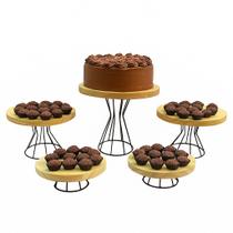 Kit Boleira Bandejas Decoração Festa Expositor Doces 5 Peças Ferro Preto Madeira Natural