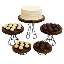 Kit Boleira Bandejas Decoração Festa Expositor Doces 5 Peças Ferro Preto Madeira Rústico