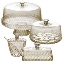 Kit boleira com pé, queijeira, açucareiro e manteigueira de plástico Cristal âmbar Plasutil Kit boleira com pé, queijeira, açucareiro e manteigueira de plástico Cristal âmbar Plasutil