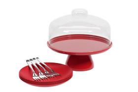 Kit Boleira Com Pedestal 25Cm Pratos E Garfos Sobremesa Red