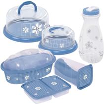 Kit Boleira e Queijeira Rosca, Porta Pães, Porta Torradas com Gaveta Deslizante, Porta Frios e Garrafa 1,8L Azul 6 peças