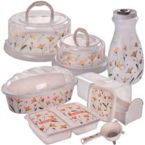 Kit Boleira, Queijeira, Porta Pães, Porta Torradas, Porta Frios, Garrafa 1,8L e Peneira Funil Marmorizado 7 peças