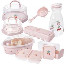 Kit Boleira, Queijeira, Porta Pães, Porta Torradas, Porta Frios, Porta Ovos, Garrafa 1,8L e Peneira Funil rosa 8 peças