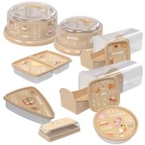 Kit boleira + queijeira + porta pão de forma + torradas + manteiga + frios + mortadela + pizza Plasutil