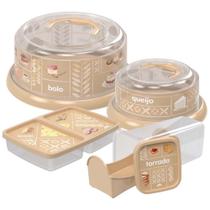 Kit Boleira Rosca, Queijeira Rosca, Porta Torradas com Gaveta Deslizante e Porta Frios 4 peças Bege Plasutil