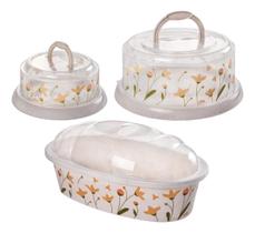 Kit Boleira suporte Queijeira Porta Pão C/ Tampa 3 Pçs Flor