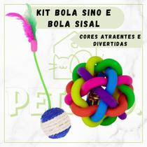 Kit Bolinha Sino e Bola Sisal com Pena para Gatos Calopsitas Pássaros