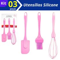 Kit Bolo Cake 03 peças - Espatula Fue Pincel de Silicone Rosa ou Lilas 3 Peças - Práticas de Lavar e No grudam - PANAMI