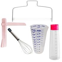 Kit Bolo - Cortador Fatiador Com Fio Duplo Ajustável + Batedor Fouet + Espatula Nivelador Alisador + Bisnaga Umedecer Molhar Bolo