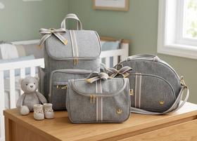 Kit Bolsa Bebe Maternidade Mochila Luxo Cinza 3 bolsas Laço