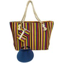 Kit Bolsa Colorida com Viseira Feminina Praia Arco Iris Listrada Bolsinha Necessaire