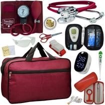 Kit Bolsa Cores Aparelho de Pressao Esfigmomanometro Estetoscópio Medidor de Glicose Completo