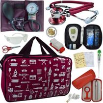 Kit Bolsa Cores Aparelho de Pressao Esfigmomanometro Estetoscópio Medidor de Glicose Completo Pa Med