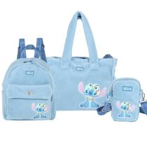 Kit Bolsa de Ombro + Mochila + Bolsa Transversal 76023KIT Pelucia Stitch Cor:Azul