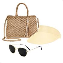 Kit Bolsa de Palha Feminina + Viseira Para Sol e Óculos de Sol Verão Moda Praia Kit Bolsa de Palha Feminina + Viseira Para Sol e Óculos de Sol Verão Moda Praia