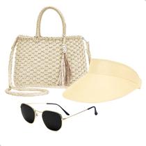 Kit Bolsa de Palha Feminina + Viseira Para Sol e Óculos de Sol Verão Moda Praia