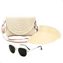 Kit Bolsa de Palha Feminina + Viseira Proteção Solar + Óculos de Sol Uv Moda Praia