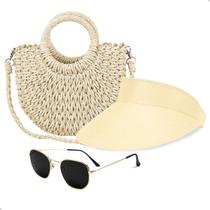 Kit Bolsa de Palha Feminina + Viseira Solar e Óculos de Sol Verão Piscina Moda Praia