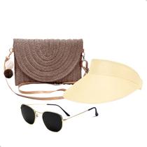 Kit Bolsa de Palha Feminina + Viseira Solar + Óculos de Sol Clássico Uv Verão Moda Praia Kit Bolsa de Palha Feminina + Viseira Solar + Óculos de Sol Clássico Uv Verão Moda Praia