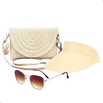 Kit Bolsa de Palha Feminina + Viseira Solar + Óculos de Sol Uv Moda Praia