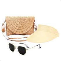 Kit Bolsa de Palha Feminina + Viseira Solar + Óculos de Sol Uv Moda Praia Verão