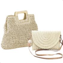 Kit Bolsa De Palha Grande + Pequena Moda Verão Praia Sol Piscina Leve Elegante