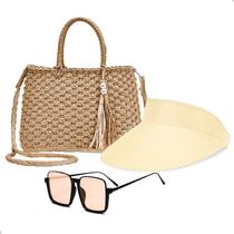 Kit Bolsa de Palha + Viseira Moda Praia + Óculos de Sol Moda Verão Clássico