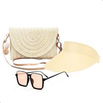 Kit Bolsa De Palha + Viseira Moda Solar Feminina + Óculos de Sol