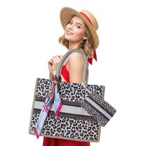 Kit Bolsa de Praia Animal Print + Carteira de Mão + Lenço Cetim 50x50 Sortido Moda Praia
