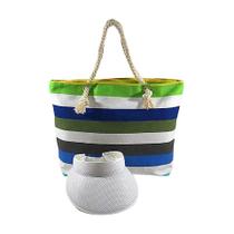Kit Bolsa de Praia e Viseira Listrada Verde Listras Barata Colorida Viagem Verão
